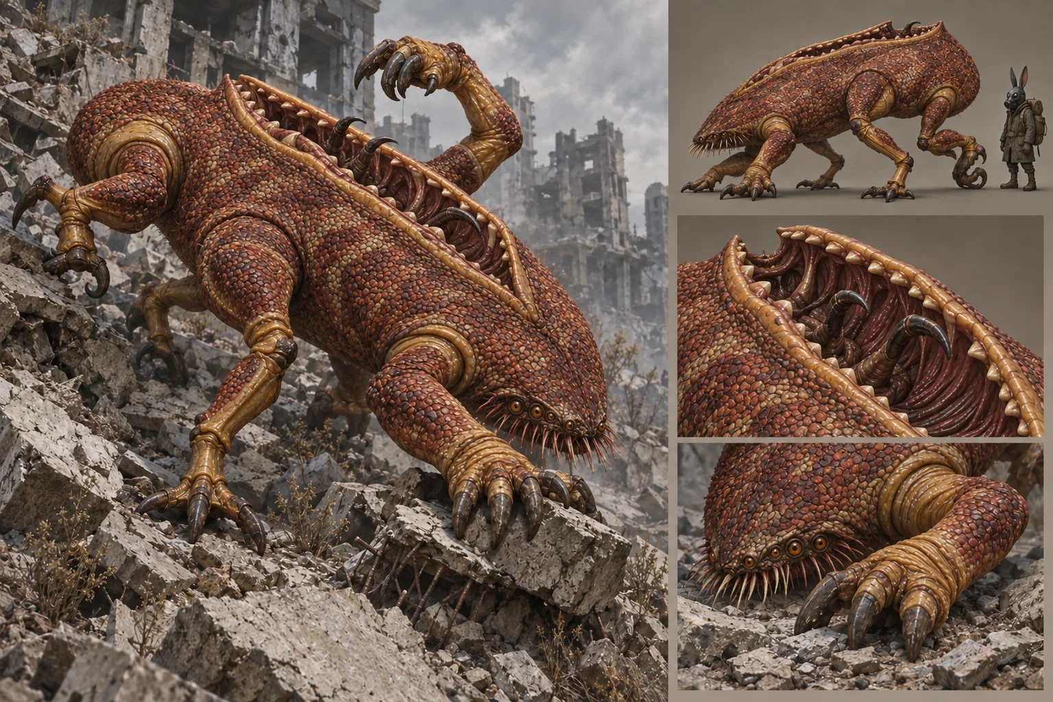 A rust-red cursed creature gripping rubble with hooked limbs, its back opening into a tooth-lined maw.